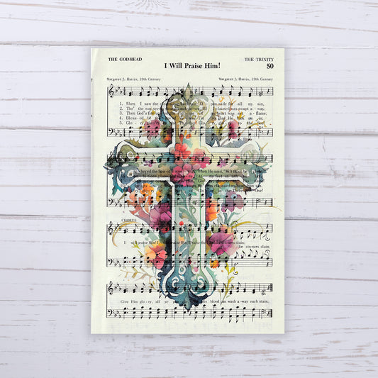 Recycled Vintage Hymnal Page Art Print - Floral Cross