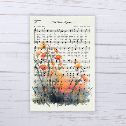 Recycled Vintage Hymnal Page Art Print - Orange Flowers