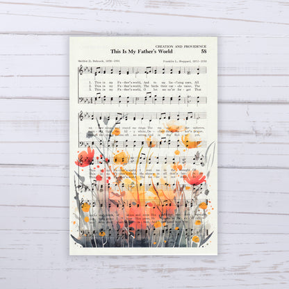 Recycled Vintage Hymnal Page Art Print - Orange Flowers