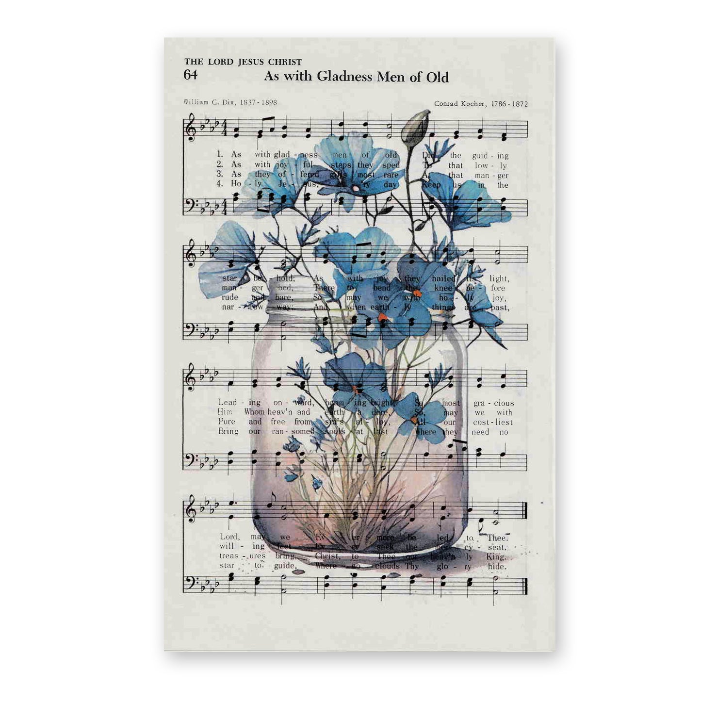 Recycled Vintage Hymnal Page Art Print - Blue Flower Jar