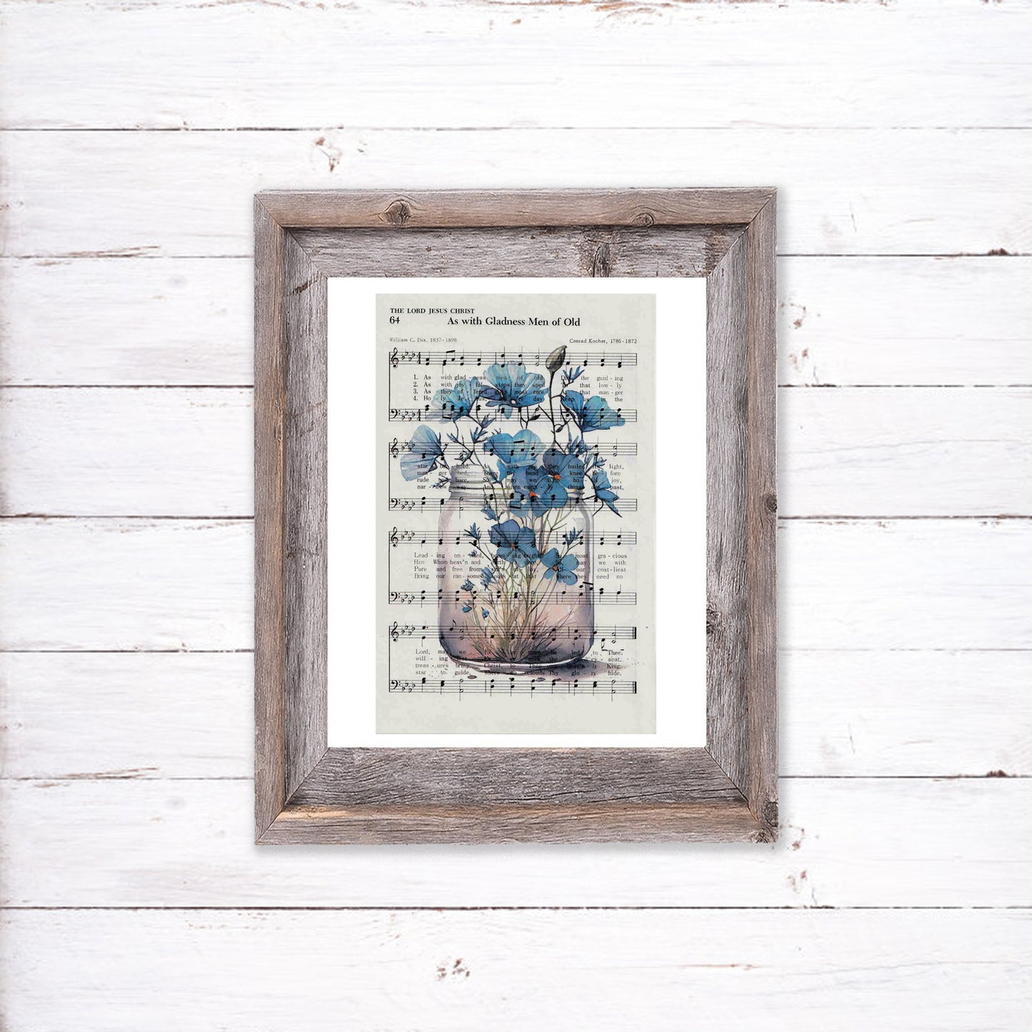 Recycled Vintage Hymnal Page Art Print - Blue Flower Jar