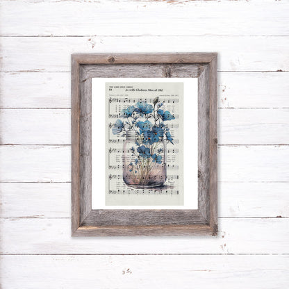 Recycled Vintage Hymnal Page Art Print - Blue Flower Jar