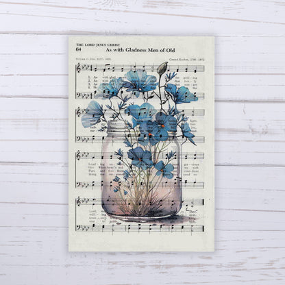 Recycled Vintage Hymnal Page Art Print - Blue Flowers