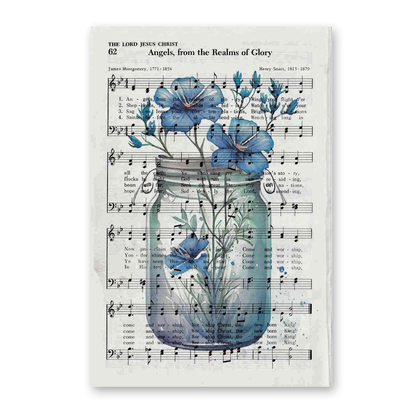 Recycled Vintage Hymnal Page Art Print - Blue Flower Jar