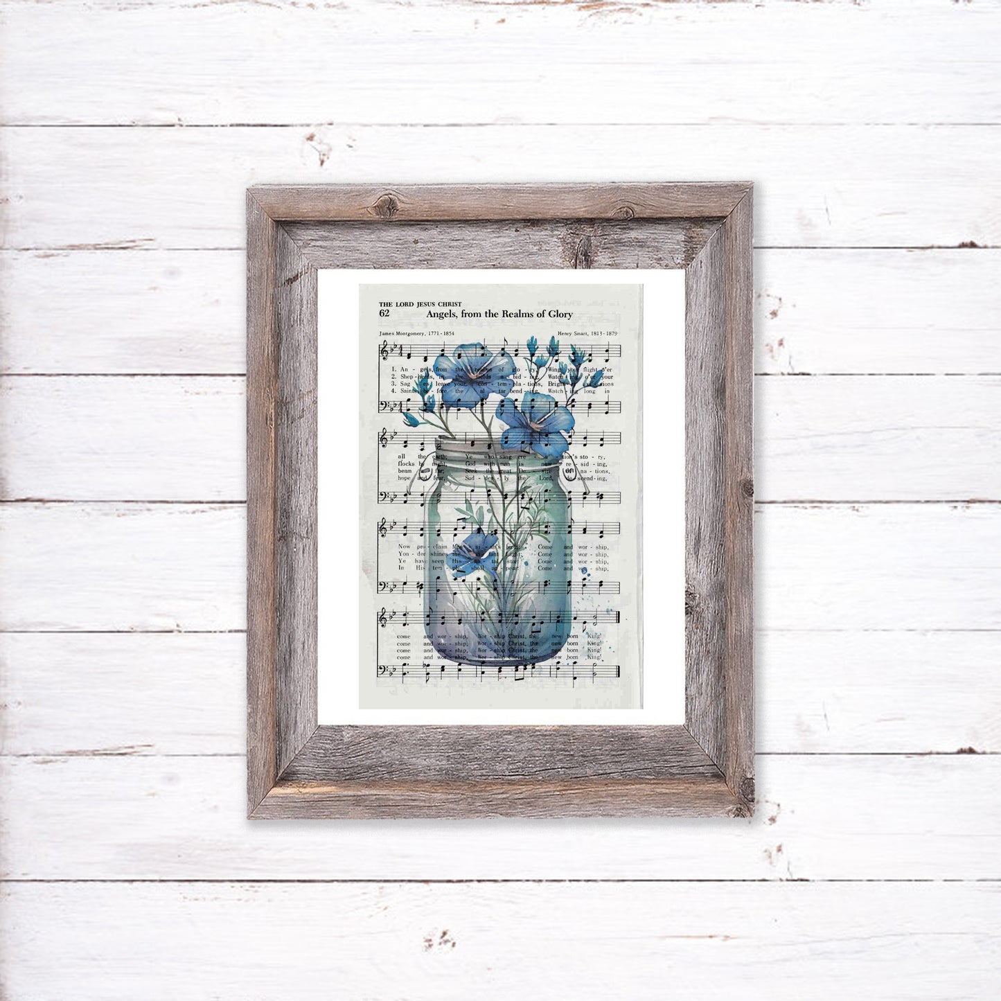 Recycled Vintage Hymnal Page Art Print - Blue Flower Jar