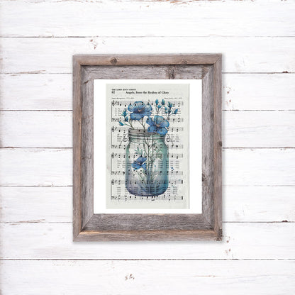 Recycled Vintage Hymnal Page Art Print - Blue Flower Jar