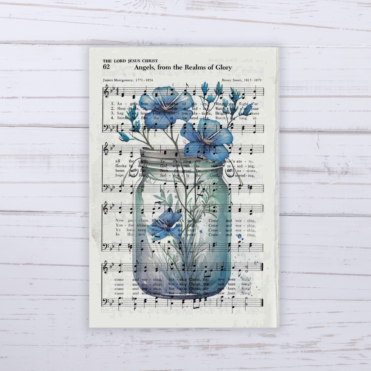 Recycled Vintage Hymnal Page Art Print - Blue Flowers