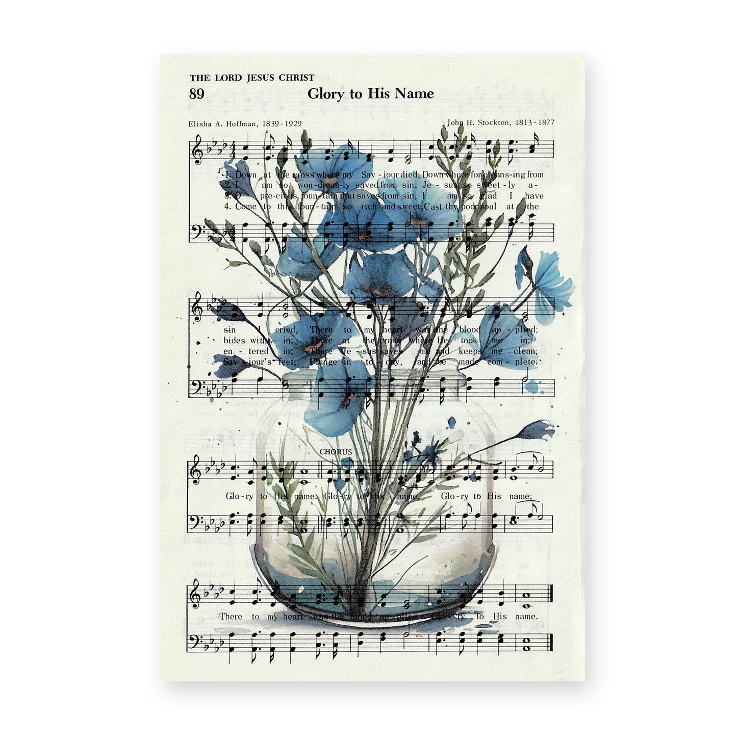 Recycled Vintage Hymnal Page Art Print - Blue Flower Jar