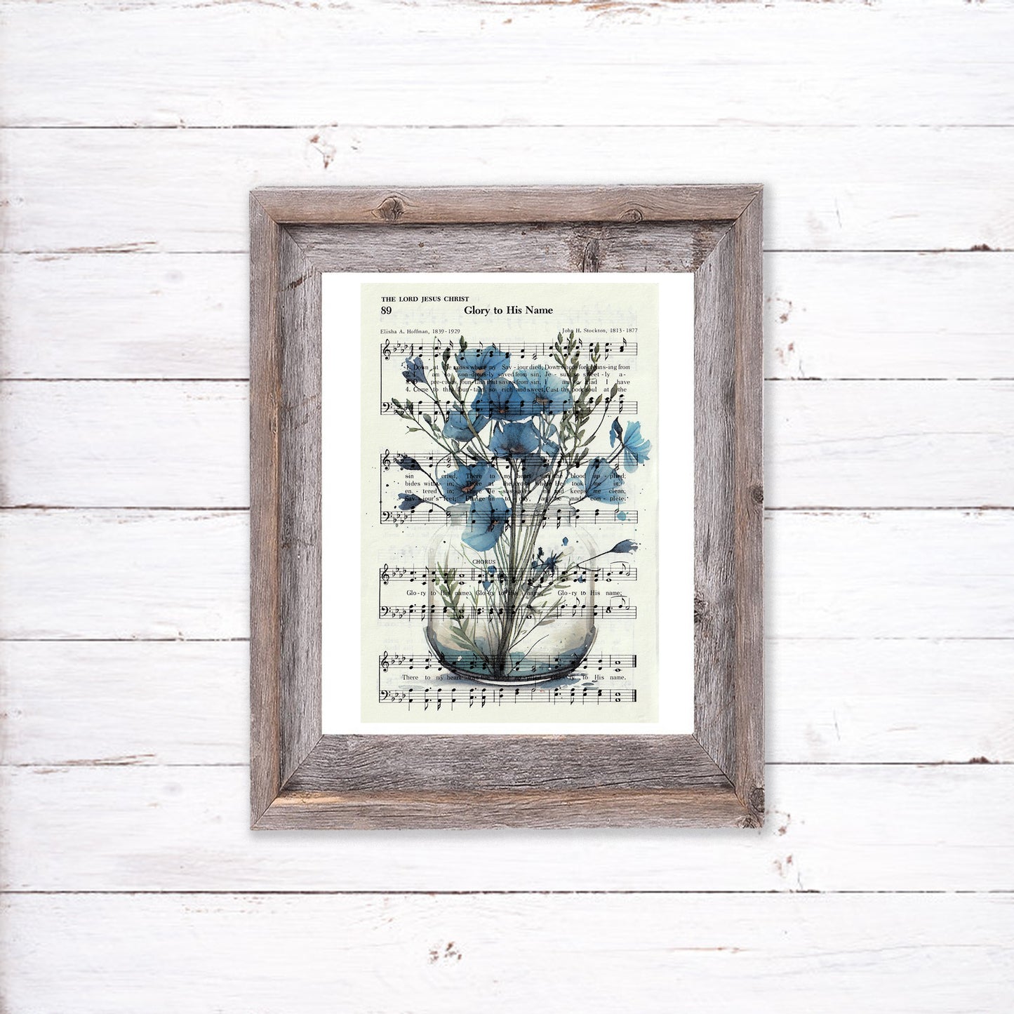 Recycled Vintage Hymnal Page Art Print - Blue Flower Jar