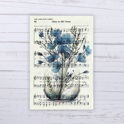 Recycled Vintage Hymnal Page Art Print - Blue Flowers