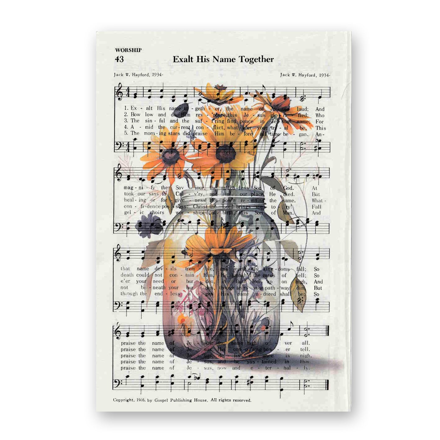 Recycled Vintage Hymnal Page Art Print - Flower Jar