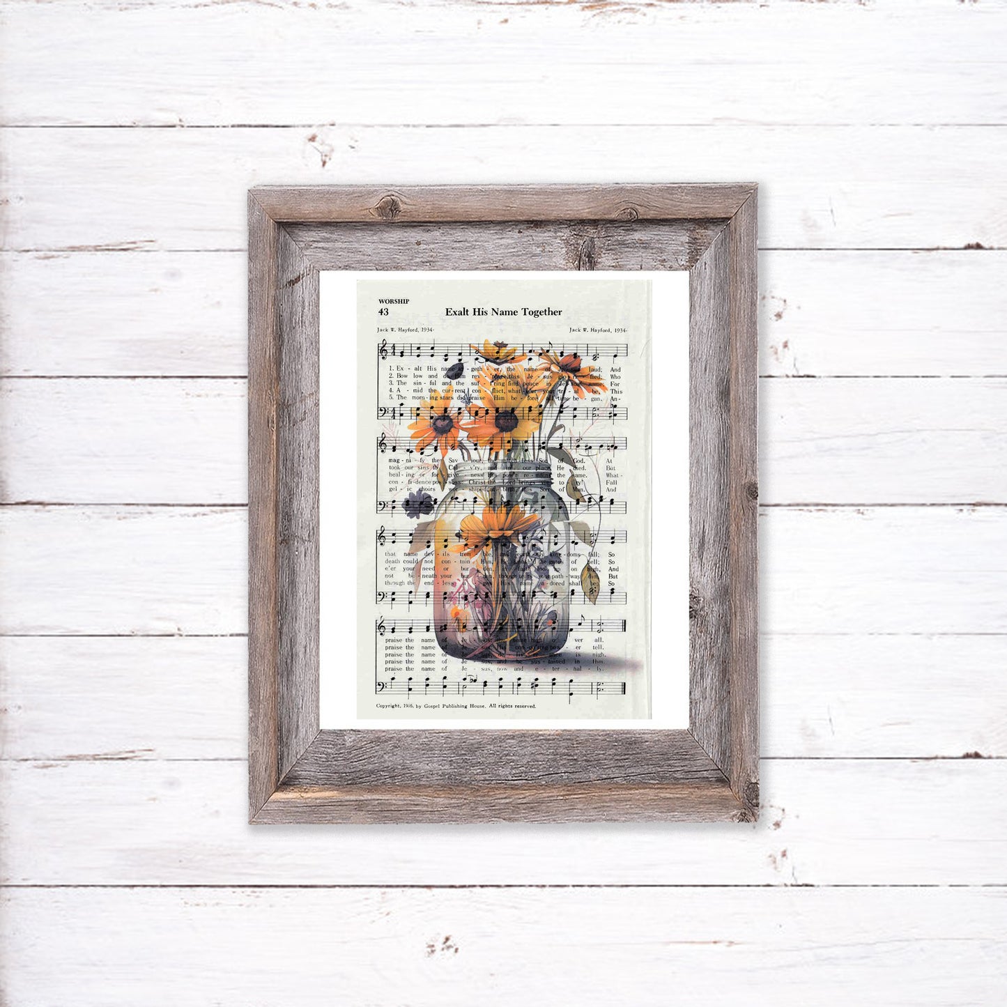 Recycled Vintage Hymnal Page Art Print - Flower Jar