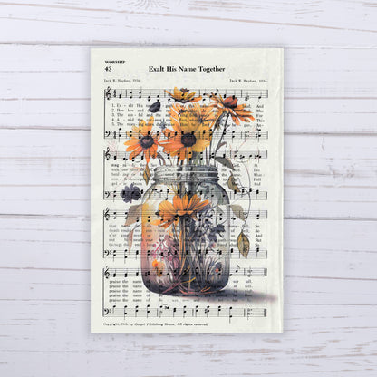 Recycled Vintage Hymnal Page Art Print - Flower Jar