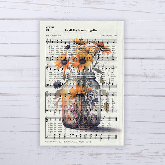 Recycled Vintage Hymnal Page Art Print - Flower Jar