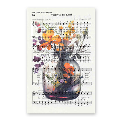 Recycled Vintage Hymnal Page Art Print - Flower Jar