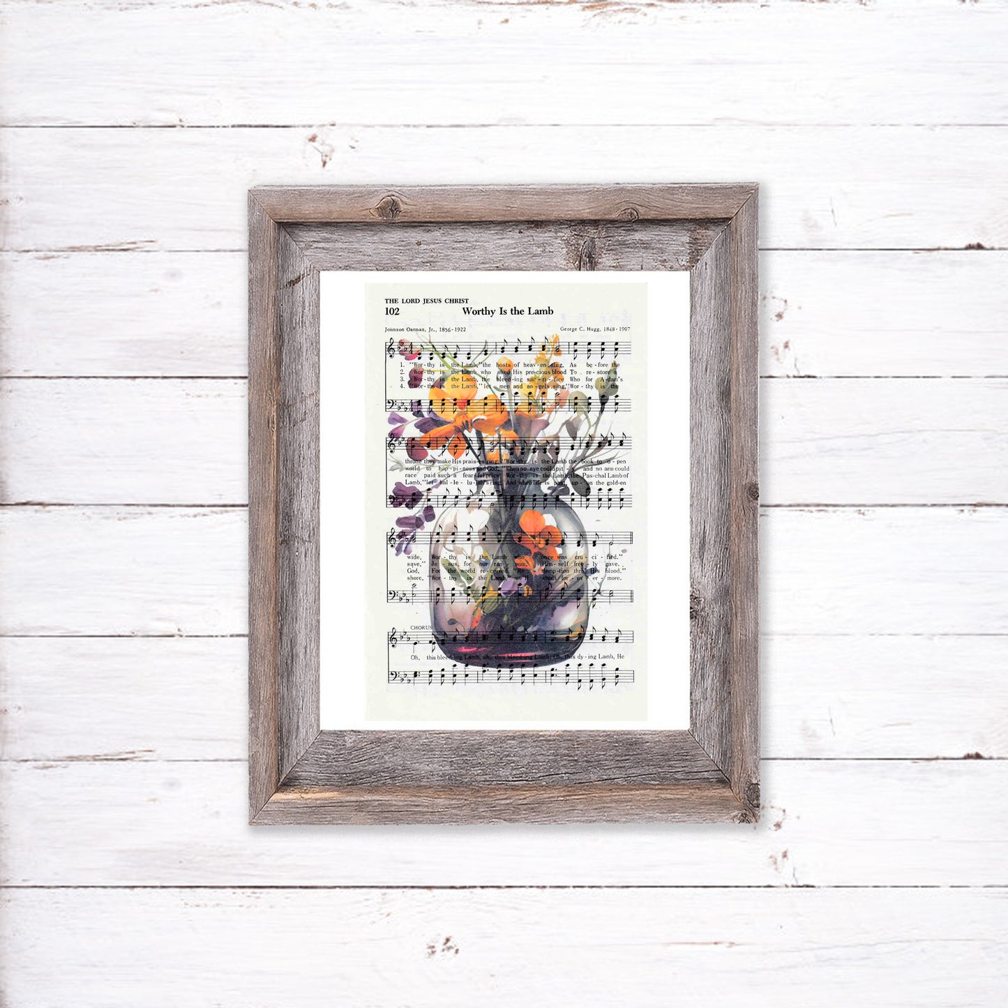 Recycled Vintage Hymnal Page Art Print - Flower Jar