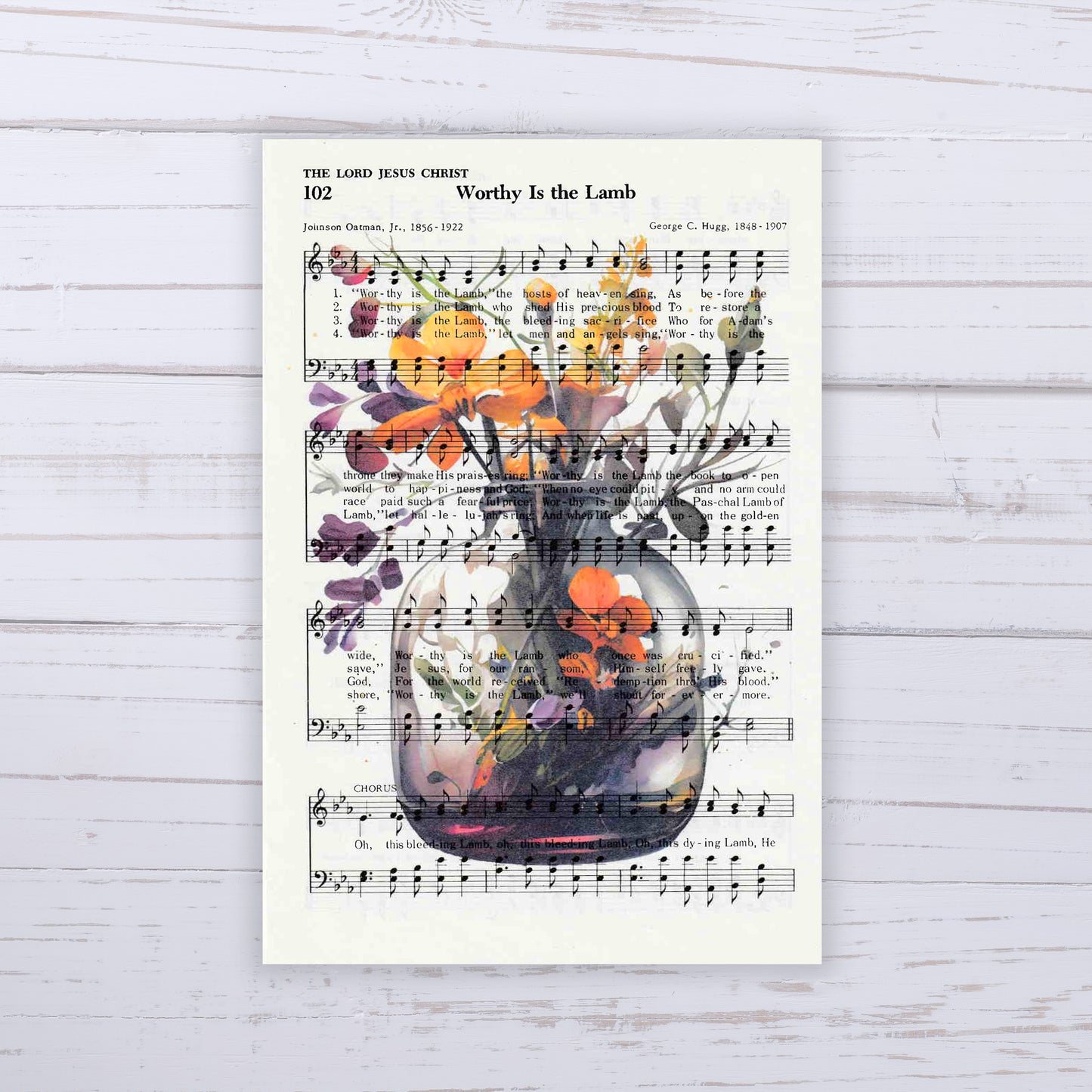 Recycled Vintage Hymnal Page Art Print - Orange Flowers