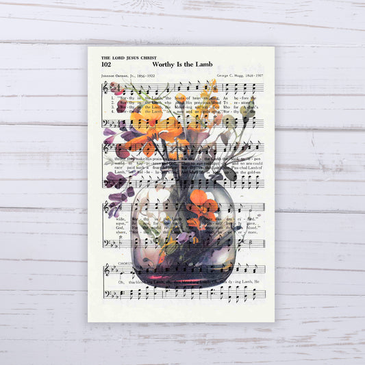 Recycled Vintage Hymnal Page Art Print - Flower Jar