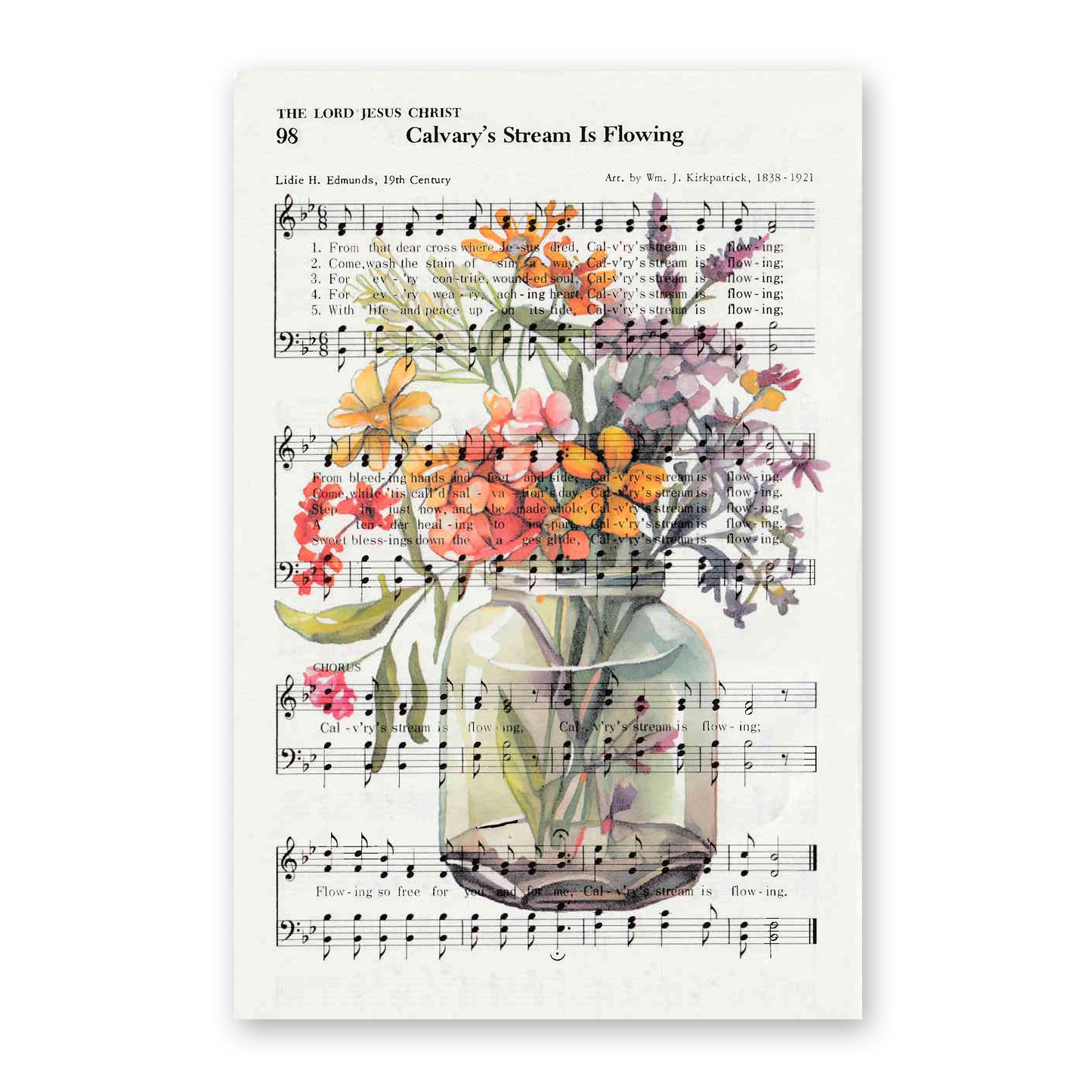 Recycled Vintage Hymnal Page Art Print - Flower Jar