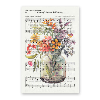 Recycled Vintage Hymnal Page Art Print - Flower Jar