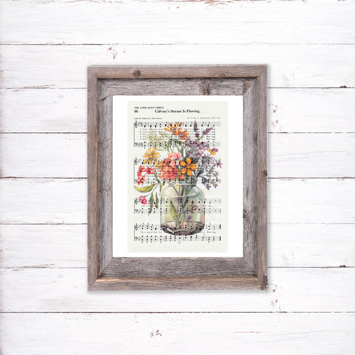 Recycled Vintage Hymnal Page Art Print - Flower Jar