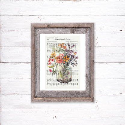 Recycled Vintage Hymnal Page Art Print - Flower Jar