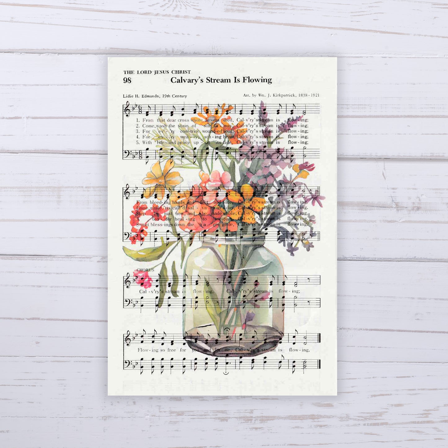 Recycled Vintage Hymnal Page Art Print - Flower Jar