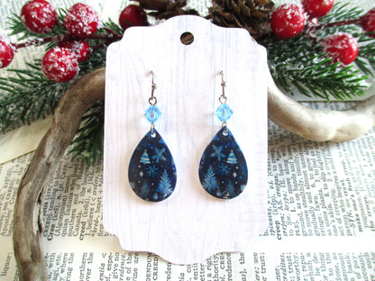 Blue Christmas Tree Teardrop Earrings