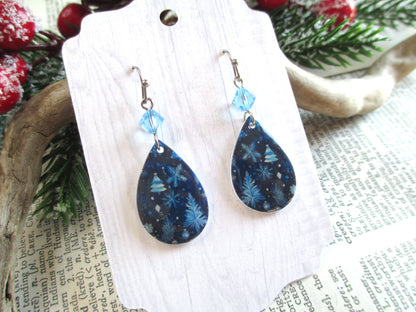 Blue Christmas Tree Teardrop Earrings