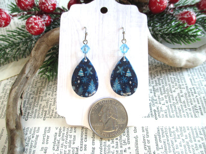 Blue Christmas Tree Teardrop Earrings