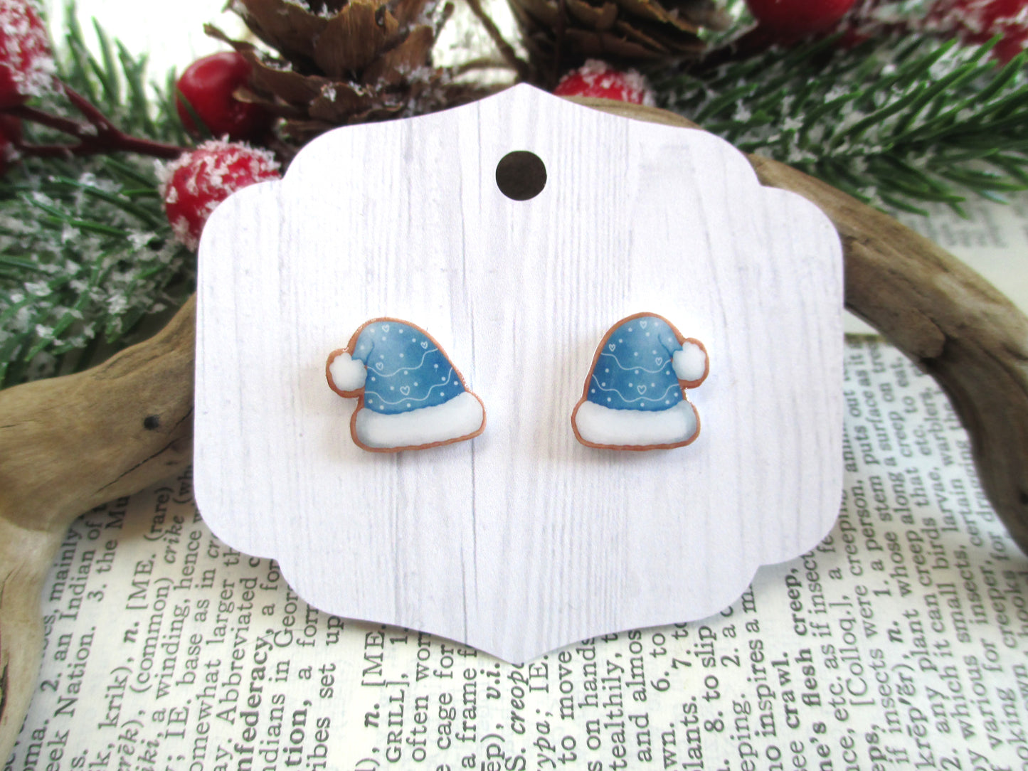 Christmas Cookie Blue Santa Hat Earrings