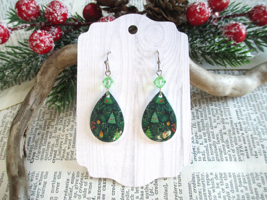 Green Christmas Tree Teardrop Earrings