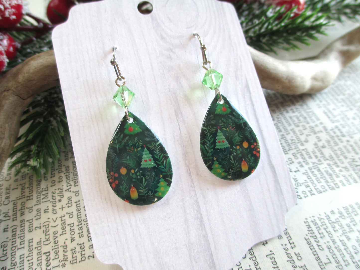 Green Christmas Tree Teardrop Earrings