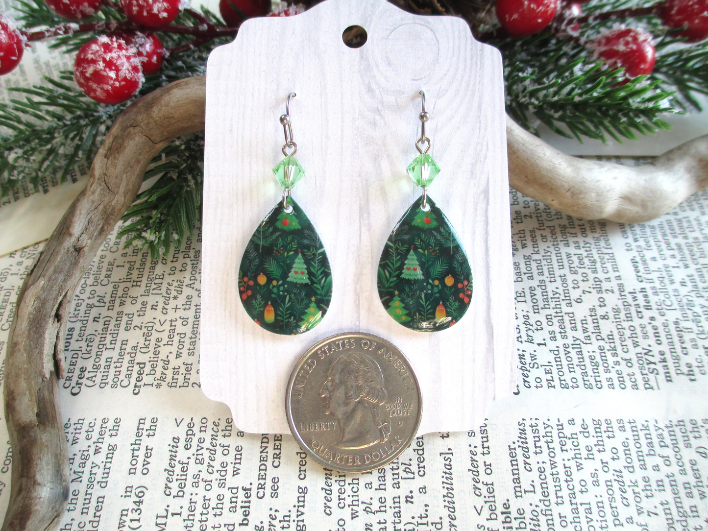 Green Christmas Tree Teardrop Earrings