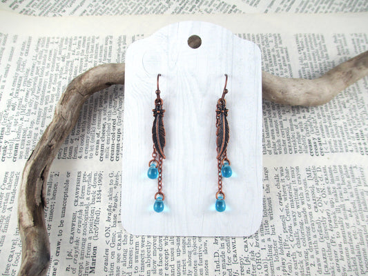 Copper and Aqua Feather Earrings