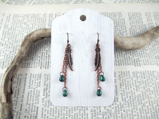 Copper and Green Feather Earrings