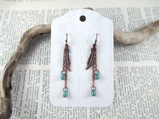 Copper and Teal Feather Earrings