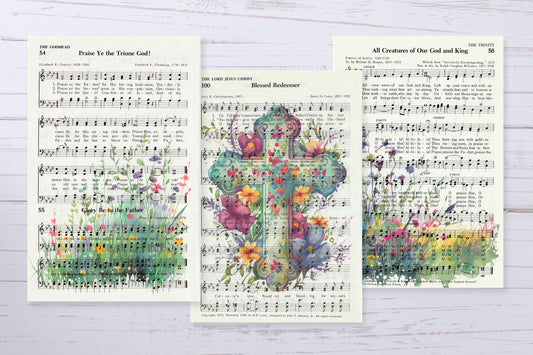 Recycled Vintage Hymnal Page Art Prints - Meadow and Cross