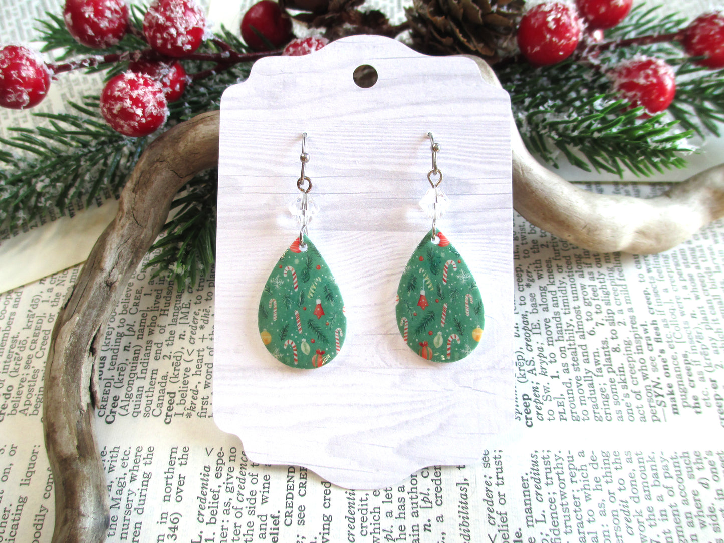 Green Candy Cane Christmas Teardrop Earrings