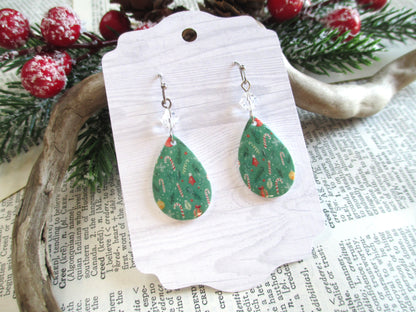 Green Candy Cane Christmas Teardrop Earrings