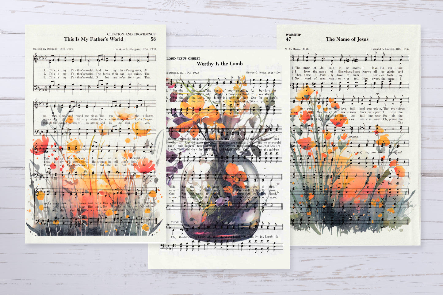 Recycled Vintage Hymnal Page Art Print - Orange Flowers