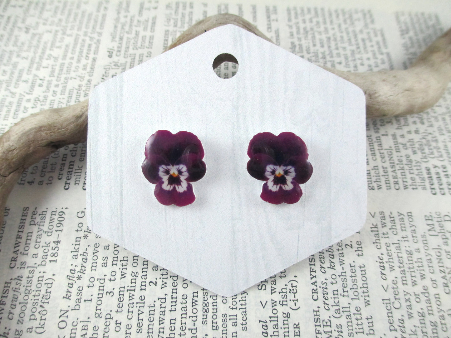 Purple and White Pansy Earrings