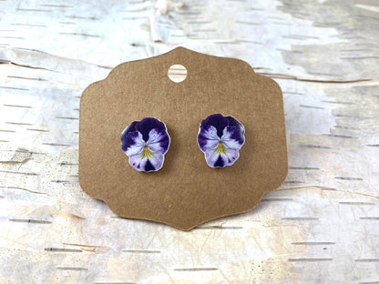 White and Purple Pansy Earrings